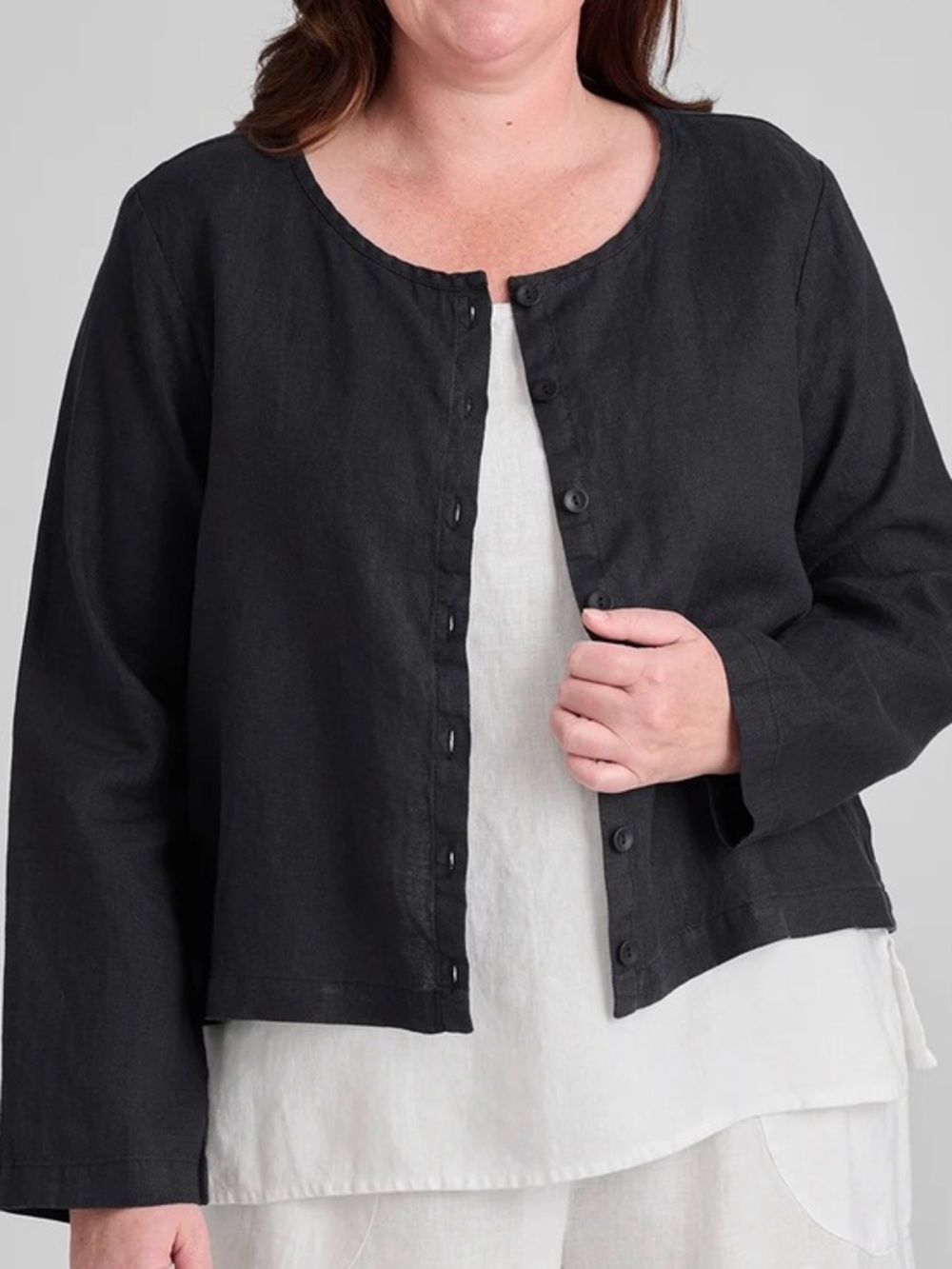 FLAX Linen 100% Cute Cardigan Long Sleeve Linen Blouse Black Lightweight P (4-6)